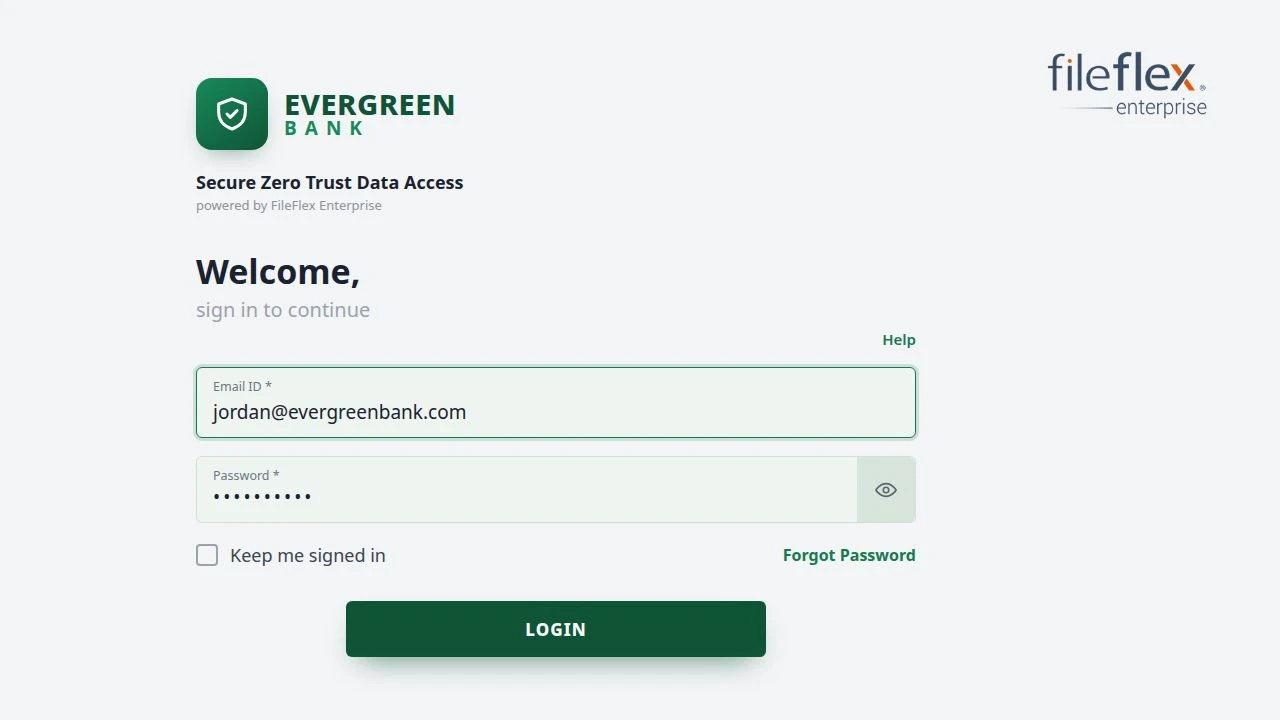 A bank-branded FileFlex sign-in screen — Evergreen Bank's own logo and green corporate colors applied across the page, including the Help and Forgot Password links and the LOGIN button.