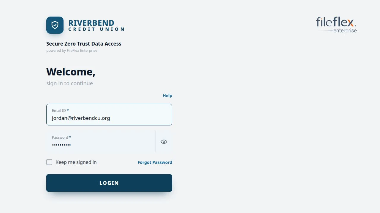 A credit-union-branded FileFlex sign-in screen — Riverbend Credit Union's own logo and blue corporate colors applied across the page, including the Help and Forgot Password links and the LOGIN button.