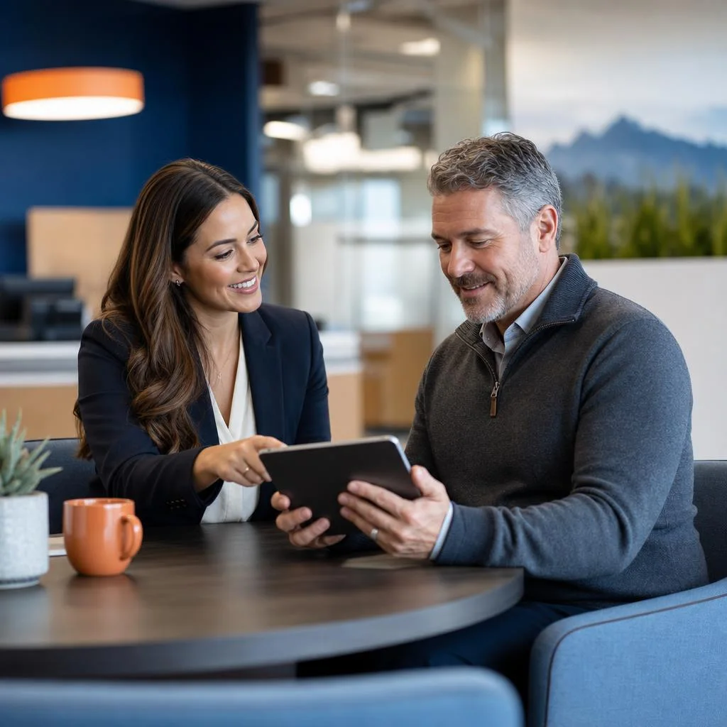 Credit union advisor helping a member use a tablet