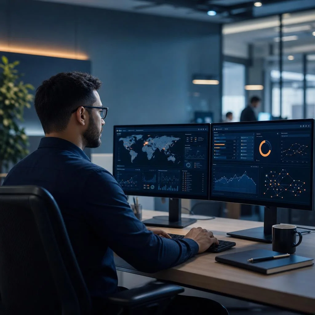 Cybersecurity analyst monitoring threats in a financial services office