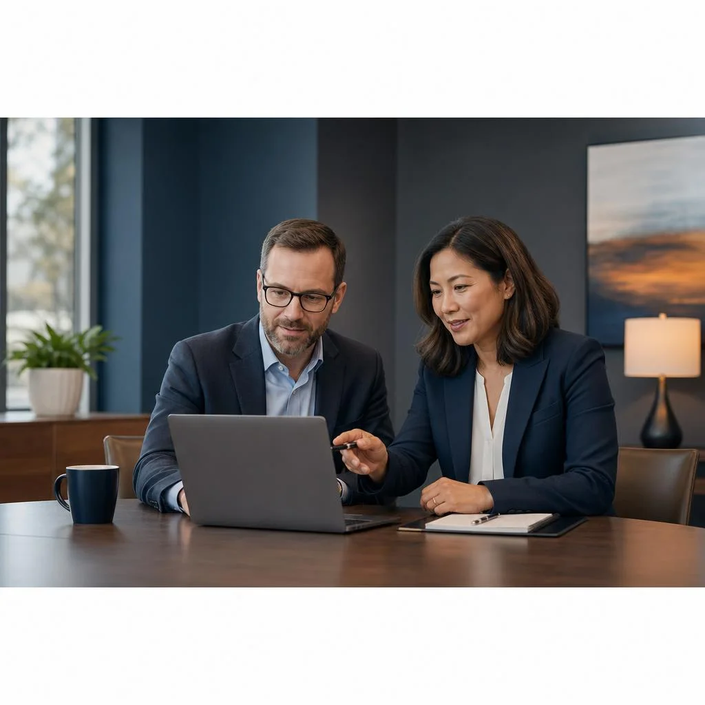 Financial professionals collaborating over documents in a meeting room