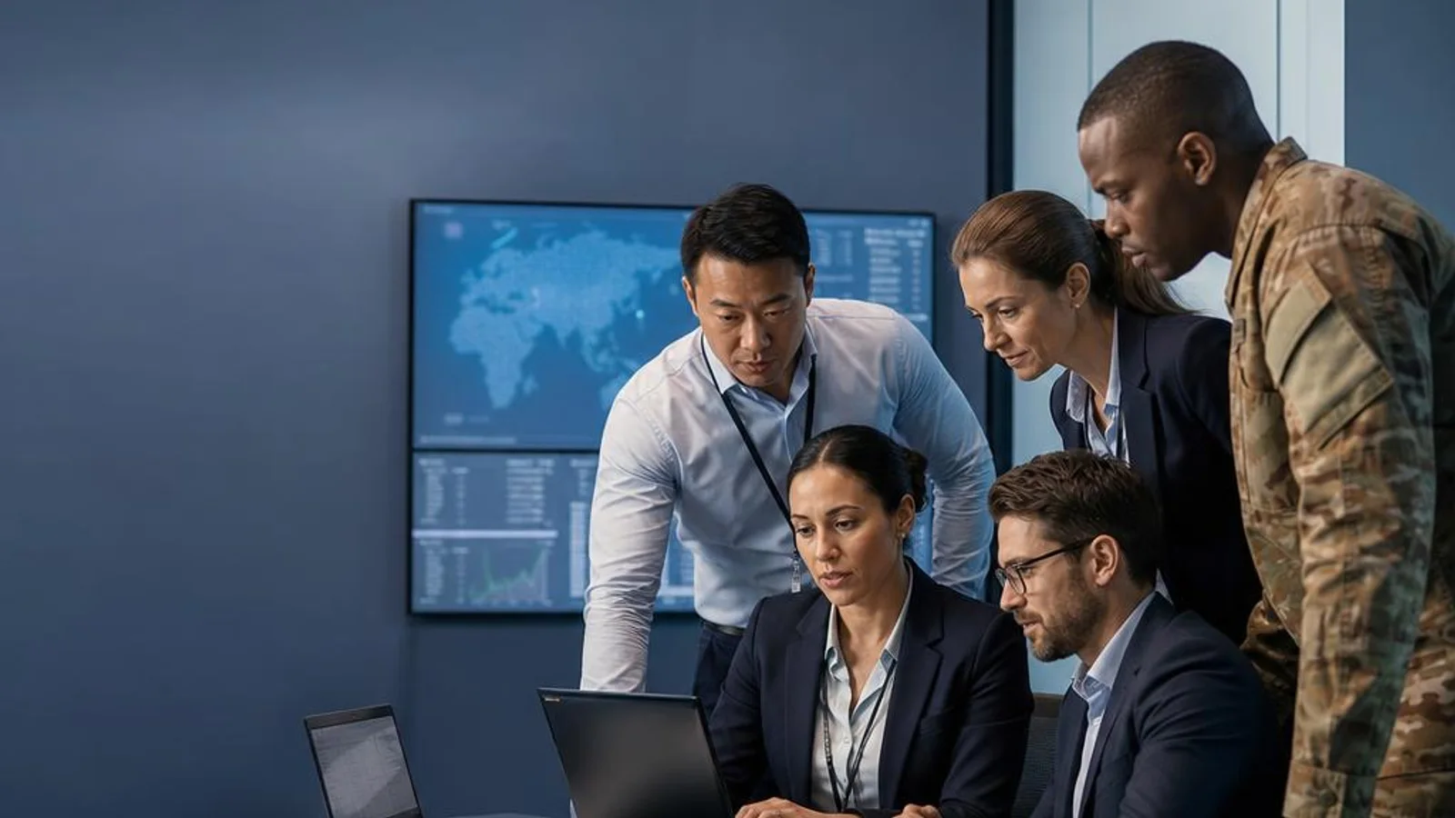Military personnel and civilian defense professionals collaborating around a secure computer