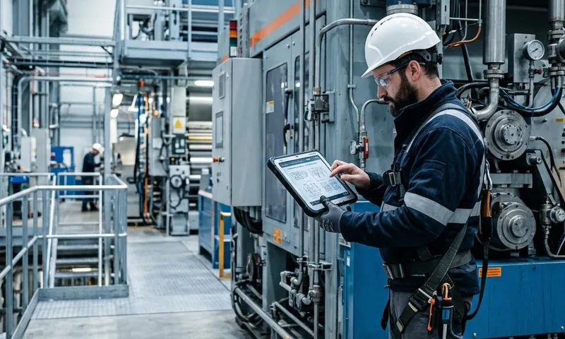 Field service contractor consulting documentation on a rugged tablet beside industrial machinery