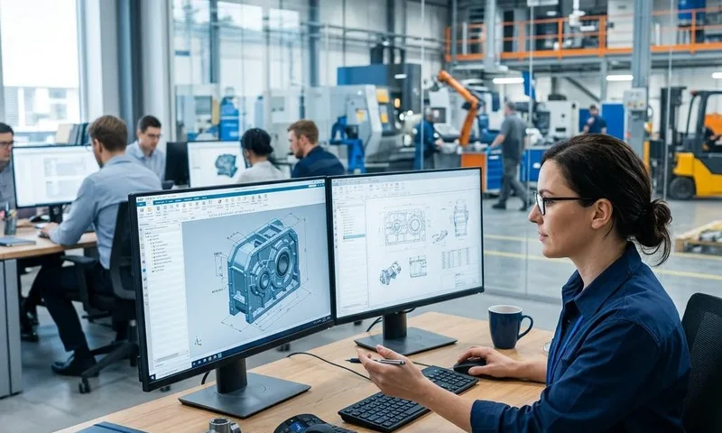 Engineer reviewing a 3D CAD model at a dual-monitor workstation
