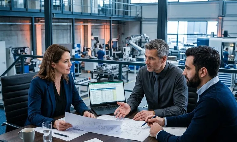 Buyer and vendor reviewing technical drawings and quotation documents at a desk