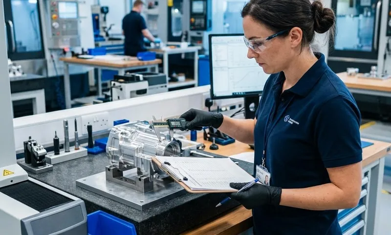 Quality inspector measuring a precision machined part with digital calipers