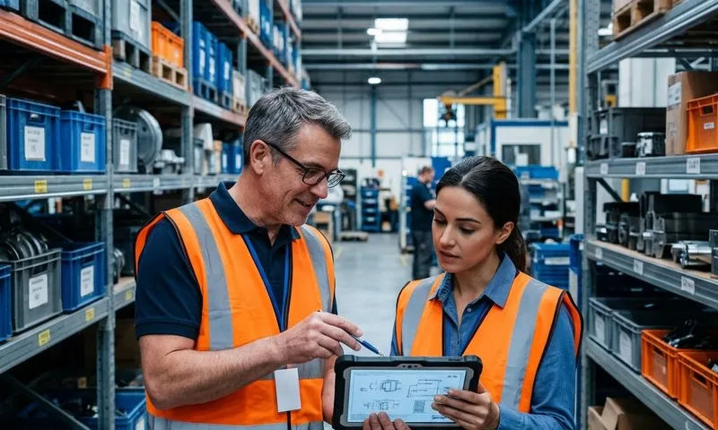 Two professionals reviewing component specifications on a tablet in a parts warehouse