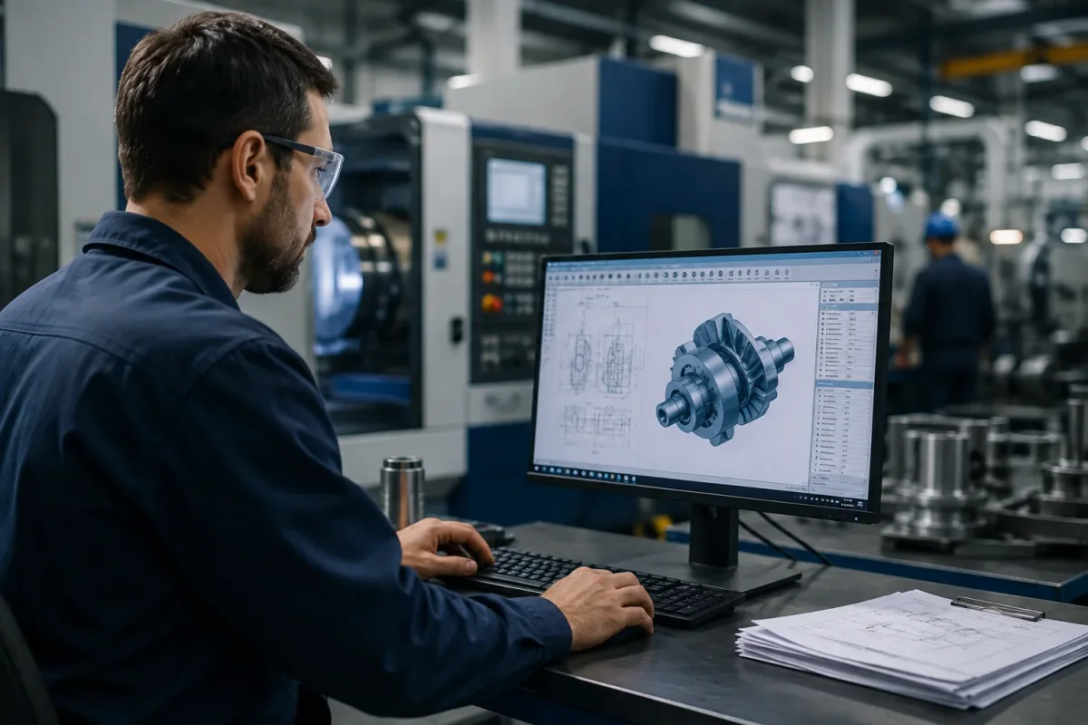 Engineer reviewing manufacturing data on a computer in a production facility — secure manufacturing collaboration