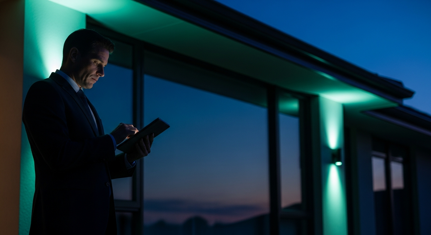 A property appraiser inspecting a house while taking notes on a tablet