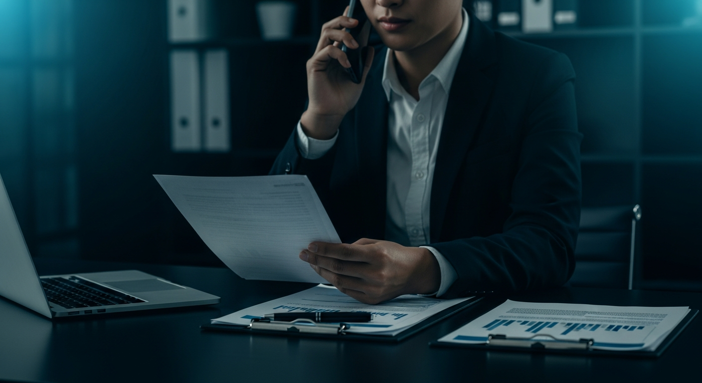 A mortgage broker reviewing loan paperwork while on a call