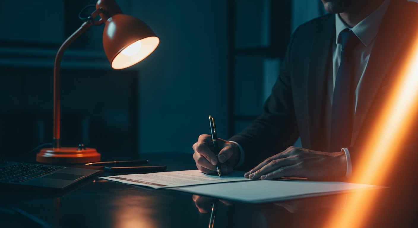 A real estate attorney reviewing and signing closing documents
