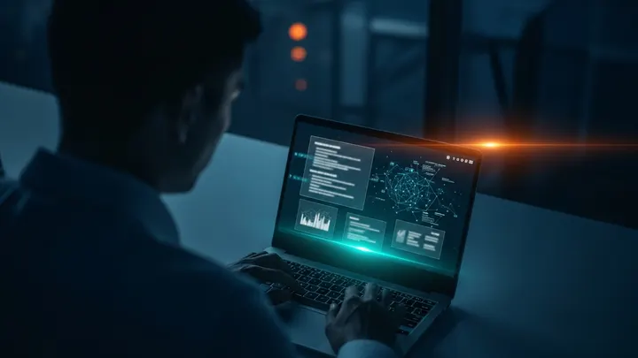 An employee at a laptop at night emailing confidential documents outside the organization.