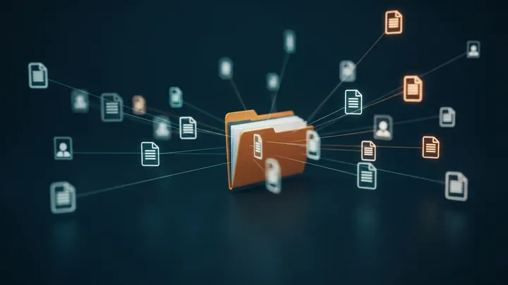 An open folder of files spreading outward to many external recipients, illustrating oversharing.