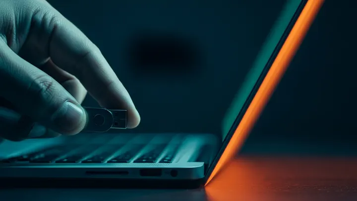 A hand inserting a USB flash drive into a laptop to copy files to an unmanaged device.