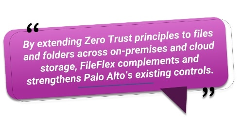 By extending Zero Trust principles to files and folders across on-premises and cloud storage, FileFlex complements and strengthens Palo Alto’s existing controls.